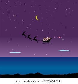 Happy new year and merry Christmas winter. Deers in sky above the lake. Vector Illustration.