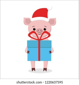 Happy New Year and Merry Christmas Greeting Card. Cute pig in santa hat holding a gift. It is on the box with a gift. The symbol of the new year in the Chinese calendar. Vector.