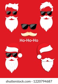 Happy New Year and Merry Christmas. Set of Santa claus in dark hipster sunglasses and hat. Vector illustration.