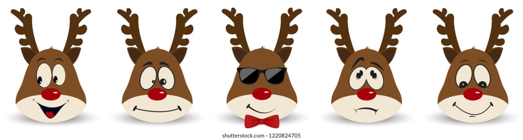Happy New Year and Merry Christmas. Set of fun and emotional Christmas deers for your design. Vector illustration.