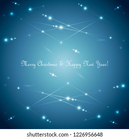 happy new year merry christmas  glittering sparkles stars abstract blue  background greeting card flat vector illustration