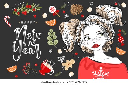 Happy New year and merry Christmas greeting card. 
Romantic girl with winter elements. Vector illustration
