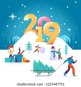 Happy New Year and Merry Christmas greeting card 2019 with winter outdoor leisure activities. People walking in the winter park. Kids making a snowman. Vector illustration.