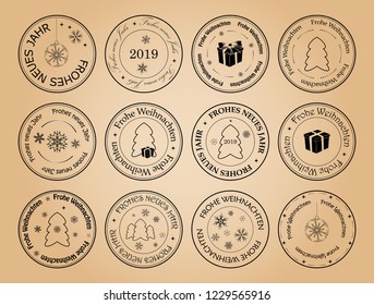 happy new year and merry christmas - vector postage stamps with snowflakes on german. Frohes neues Jahr. Frohe Weihnachten.