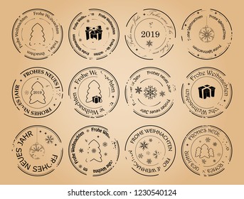 happy new year and merry christmas - grunge vector postage stamps with snowflakes on german. Frohes neues Jahr. Frohe Weihnachten.