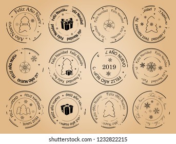 happy new year and merry christmas - vintage vector postage stamps with snowflakes on spanish. Feliz ano nuevo. Feliz navidad.