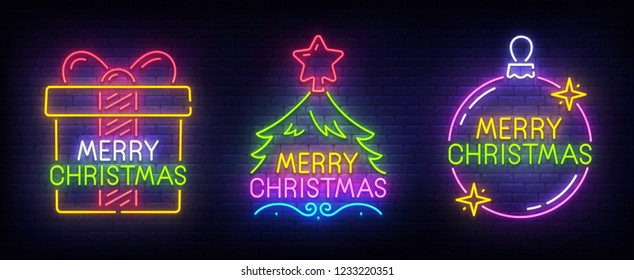 Happy New Year and Merry Christmas. Set neon logo, label, emblem. Neon isolated sign, bright signboard, light banner. Vector illustration