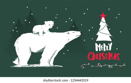 Happy new year and merry christmas funny cartoon vector illustration with bear mom, cub and pine trees.