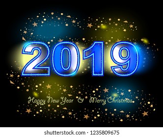 Happy New Year and Merry Christmas ! Congratulatory poster with a calendar date 2019 and neon glow. Vector image.