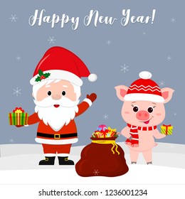 Happy New Year and Merry Christmas greeting card. Cute Santa Claus and a cute pig in a Santa hat with a lollipop. Red bag with a gift in the winter on the background of snowflakes. Cartoon, vector