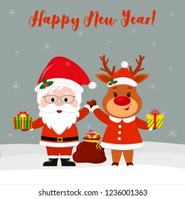 Happy New Year and Merry Christmas Greeting Card. Cute Santa Claus in glasses and a cute deer in a Santa suit with a gift Red bag with a gift in winter against the background of snowflakes. Vector