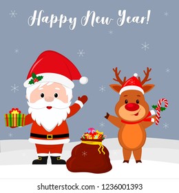 Happy New Year and Merry Christmas greeting card. Cute Santa Claus and cute deer in Santa hat with a gift. Red bag with a winter gift against the background of snowflakes. Cartoon style, vector.