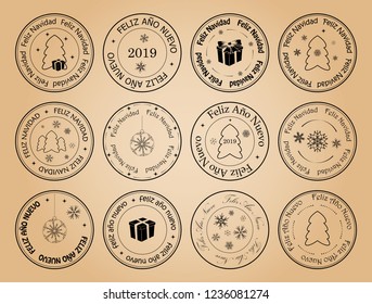 happy new year and merry christmas - vector postage stamps with snowflakes on spanish. Feliz ano nuevo. Feliz navidad.