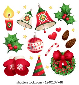 Happy New Year and Merry Christmas Vector Design Set with decorative elements and objects: christmas tree, garlands, toys, candy cane, hearts, mittens, cones, wreath, bells, berry, ribbon, candle