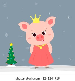 Happy New Year and Merry Christmas greeting card. Cute little pigs in Princess costume. Christmas tree in winter. The symbol of the new year in the Chinese calendar. Vector.
