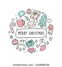 Happy New Year and Merry Christmas print. Hand drawn modern lettering for posters, cards. Cute card in kawaii style