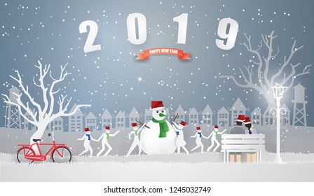 Happy new year and Merry Christmas with Children playing snowman and running,playing and Couple sitting apart on the bench in white forest and snow in winter season,Paper art Vector and Illustration 