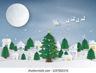Happy New Year and Merry Christmas. Origami and Paper art made of Santa Claus rides reindeer sleigh against a full moon. City space and urban landscape in winter season. Vector illustration.