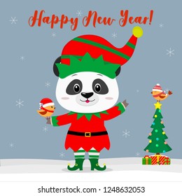 Happy New Year and Merry Christmas Greeting Card. Cute little panda in an elf costume with a little bird. Christmas tree with gifts and a little bird in winter hat. Vector.