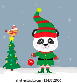Happy New Year and Merry Christmas greeting card. Cute little panda in an elf costume with a ball. Christmas tree and little bird in winter hat. New year in the Chinese calendar. Vector.