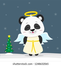 Happy New Year and Merry Christmas Greeting Card. Cute little panda in angel costume. Christmas tree in winter. The symbol of the new year in the Chinese calendar. Vector.