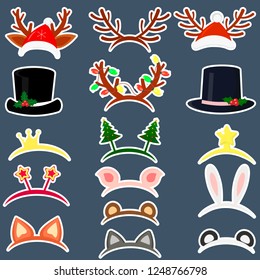 Happy New Year and Merry Christmas. Set of sixteen different hats of stickers and accessories for the Christmas holidays in a white stroke on a dark background. Flat style, vector.