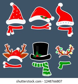 Happy New Year and Merry Christmas. Set of six different stickers of hats and scarves with various accessories for the Christmas holidays in a white stroke on a dark background. Flat style, vector.