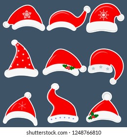 Happy New Year and Merry Christmas. Set of nine different santa hats stickers with various accessories isolated on dark background. Flat style, vector.