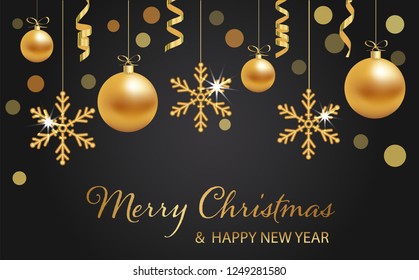 Happy new year and Merry Christmas Background with hanging gold Christmas balls or baubles with bows and snowflakes, ribbons, over black, vector illustration. Festive xmas decoration