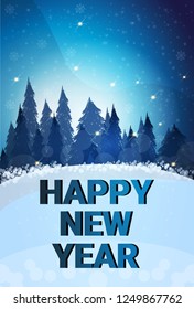 happy new year merry christmas concept winter fir tree forest landscape inscription flat vertical vector illustration