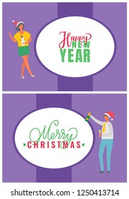 Happy New Year and Merry Christmas postcards with people. Dancing man, woman in sweater with snowman and Santa hat, celebrating Christmas party, vector