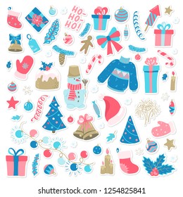 Happy New Year and Merry Christmas doodle set. Collection of xmas elements for design holiday greeting cards and invitations of the Merry Christmas and Happy New Year, seasonal winter holidays.