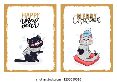 Happy New Year and Merry Christmas greeting cards from vector black kitty in knitted scarf and little white kitten with the black heart on its back.