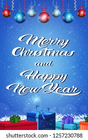 happy new year merry christmas concept gift box holiday bolls decoration lettering flat vertical greeting card