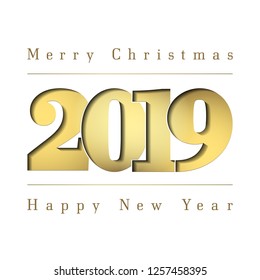 Happy New Year Merry Christmas card. Gold number 2019. Golden gradient digits, isolated on white background. Glowing shiny design, light texture for celebration, greeting poster Vector illustration