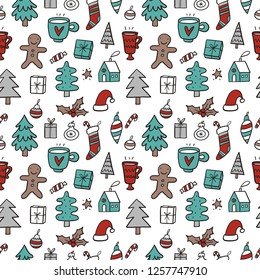 Happy New Year and Merry Christmas print. Hand drawn modern print for posters, cards. Cute holiday card.  Seamless pattern