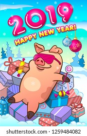 Happy new year. Merry christmas. Greeting card with pig in cool pink eyeglasses lying on a pile of gifts. Winter background. Christmas advertising poster for web.