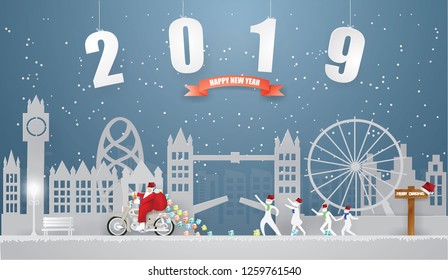 Happy new year and Merry Christmas 
with Santa Claus riding motorcycle on the gray grass and Gift bag coming to LONDON.UNITED KINGDOM background in winter season,paper craft style and illustration