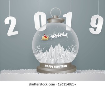 Happy new year and Merry Christmas with Santa Claus on the sky with sled and deer in Snow globe ,Merry Christmas concept ,paper craft style and illustration