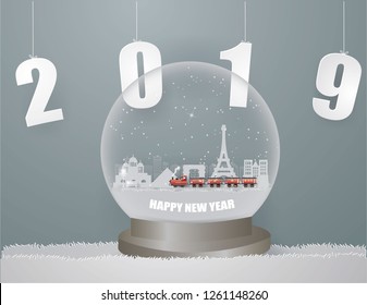 Happy new year and Merry Christmas with Santa Claus driving the train coming to France in Snow globe,paper art and vector style