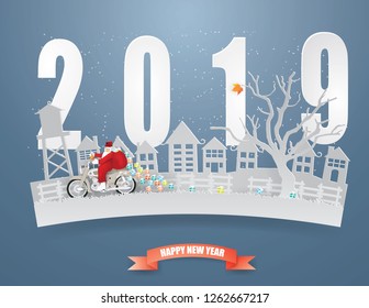 Happy new year and Merry Christmas with Santa Claus riding motorcycle on the gray grass and Gift bag coming to Urban countryside city in winter season on text 2019.Vector and illustration paper craft 