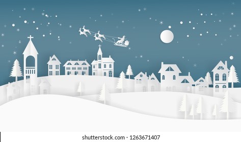 Happy new year and Merry Christmas. Illustration of Santa Claus on the sky, Christmas scene with fir trees, City, the moon and snow in winter, paper art and digital craft style