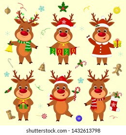 Happy New Year and Merry Christmas greeting card. Set of six reindeers in different costumes and poses, various accessories. Cartoon and flat style. Vector