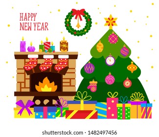Happy New Year and Merry Christmas greeting flat illustration text card. Winter holiday poster design. Christmas tree, gift, wreath, fireplace sock color banner. Xmas hand lettering Vector inscription postcard