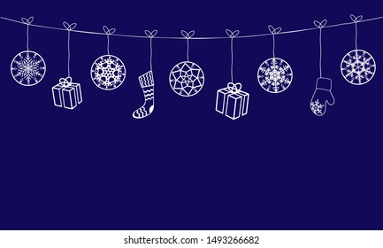 Happy new year and Merry Christmas backdrop with white snowflakes and gifts on strings . Abstract snowflake background for your holiday design. Vector illustration