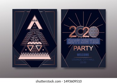 Happy New Year and Merry Christmas card  rose gold invitation. Geometric art deco style design with holiday tree and decoration. Greeting card, flyer, poster, party, brochure. 