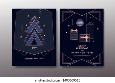 Happy New Year and Merry Christmas card  rose gold invitation. Geometric art deco style design with holiday tree and decoration. Greeting card, flyer, poster, party, brochure. 