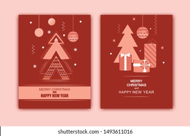 Happy New Year and Merry Christmas card rose gold and red invitation. Geometric art deco style design with holiday tree and decoration. Greeting card, flyer, poster, party, brochure. Happy New Year and Merry Christmas card rose gold and red invitation. Geometric art deco style design with holiday tree and decoration. Greeting card, flyer, poster, party, brochure.