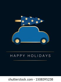 Happy New Year, Merry Christmas card. Winter holiday  gold and blue invitation. Style design with Christmas tree and decoration. Greeting card, flyer, poster, party, brochure. 
