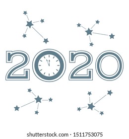 Happy new year. Merry Christmas. Vector illustration with 2020 year numbers, clock and constellations. New year, festive background. Design for postcard, banner, print.